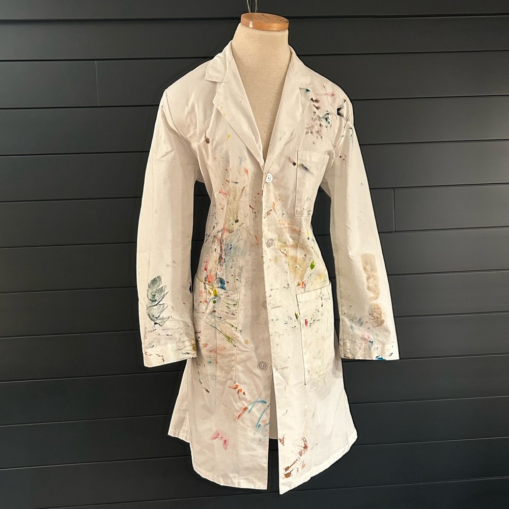 Landau Artistic 70’s Paint-Splattered White Pharmacist Doctor Coat Smock Vintage